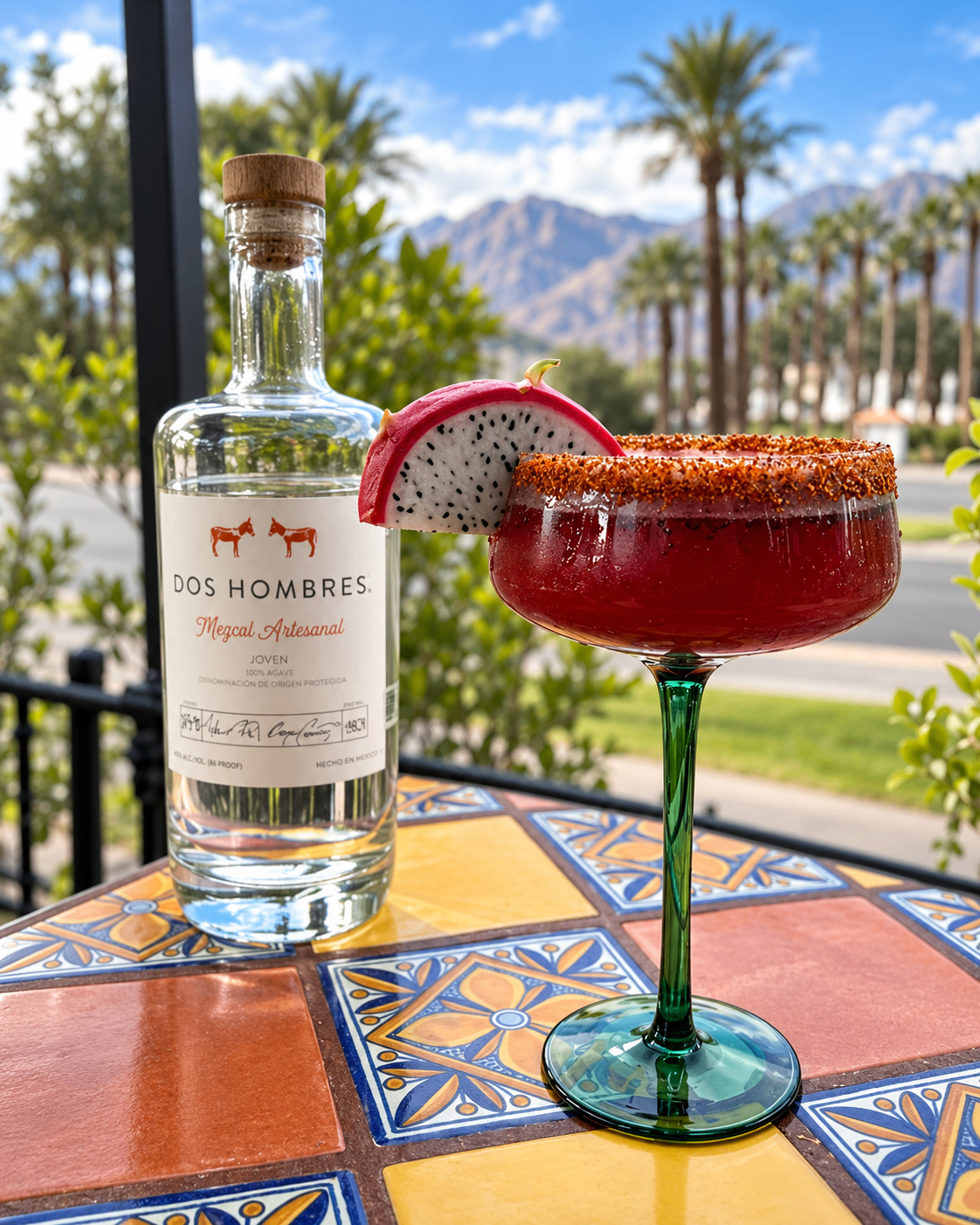 A dragon fruit margarita overlooking the Palm Springs mountains