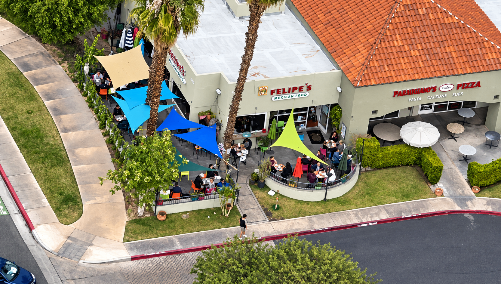 Aerial view of Felipe’s Palm Springs and its outdoor patio